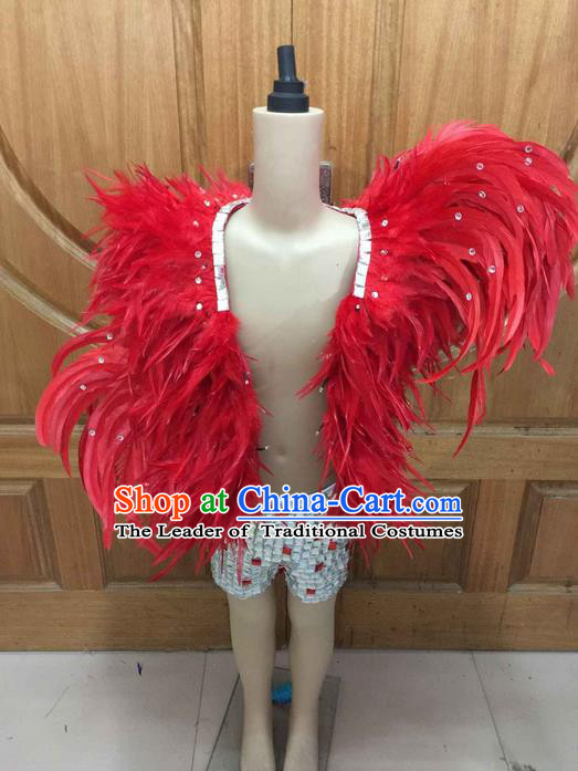 Top Grade Professional Performance Catwalks Led Light Clothing, Traditional Brazilian Rio Carnival Samba Modern Fancywork Red Feather Costume for Kids