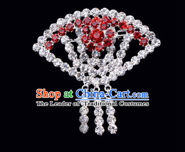 Chinese Ancient Peking Opera Jewelry Accessories Young Lady Diva Sector Brooch, Traditional Chinese Beijing Opera Hua Tan Red Crystal Breastpin