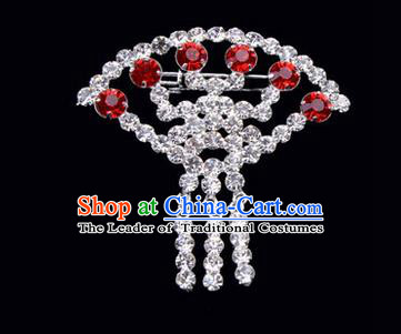 Chinese Ancient Peking Opera Jewelry Accessories Young Lady Diva Sector Brooch Collar Button, Traditional Chinese Beijing Opera Hua Tan Red Crystal Breastpin