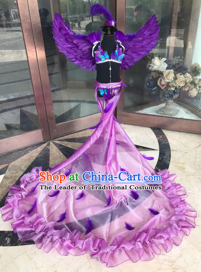 Top Grade Professional Performance Catwalks Costume Purple Feather Bikini with Wings, Traditional Brazilian Rio Carnival Samba Dance Modern Fancywork Swimsuit Clothing for Kids