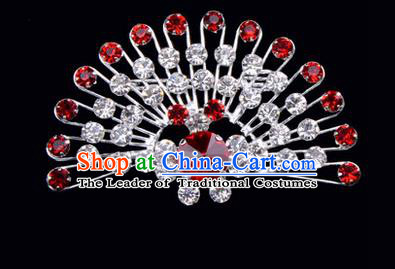 Chinese Ancient Peking Opera Jewelry Accessories Young Lady Diva Peacock Brooch Collar Button, Traditional Chinese Beijing Opera Hua Tan Red Crystal Breastpin