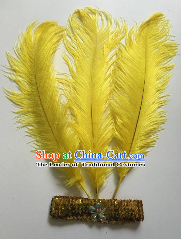 Top Grade Professional Stage Show Halloween Parade Yellow Ostrich Feather Hair Accessories, Brazilian Rio Carnival Samba Dance Modern Fancywork Headwear for Women