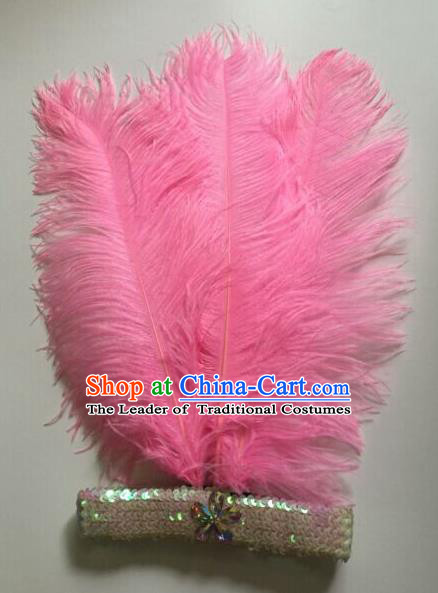 Top Grade Professional Stage Show Halloween Parade Pink Ostrich Feather Hair Accessories, Brazilian Rio Carnival Samba Dance Modern Fancywork Headwear for Women