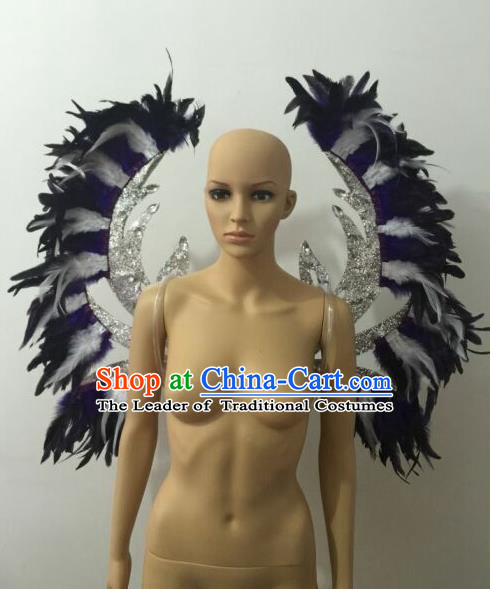 Top Grade Professional Stage Show Halloween Parade Purple Feather Wings Accessories, Brazilian Rio Carnival Samba Dance Modern Fancywork Decorations Props for Women