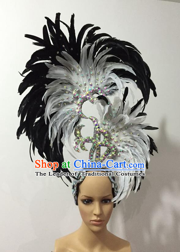 Top Grade Professional Stage Show Halloween Parade Big Hair Accessories, Brazilian Rio Carnival Samba Dance Modern Fancywork White and Black Feather Giant Headpiece for Kids