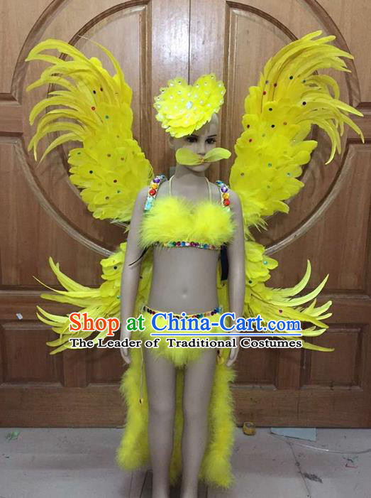 Top Grade Professional Performance Catwalks Costume Yellow Feather Bikini and Wings, Traditional Brazilian Rio Carnival Samba Dance Modern Fancywork Swimsuit Clothing for Women