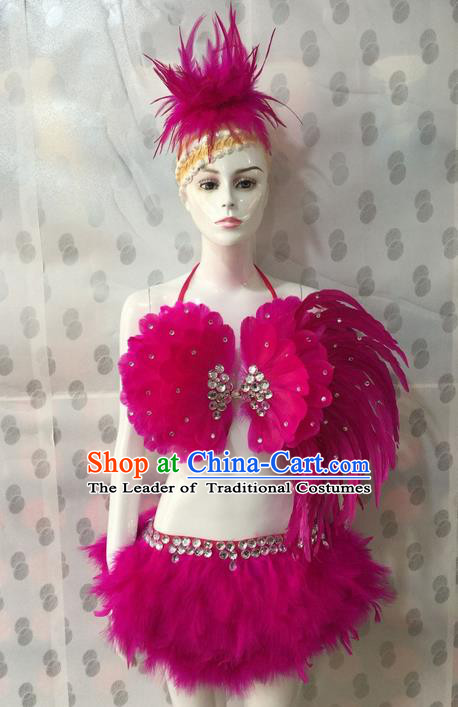 Top Grade Professional Performance Catwalks Costume Bikini and Headpiece, Traditional Brazilian Rio Carnival Samba Dance Modern Fancywork Rosy Swimsuit for Women