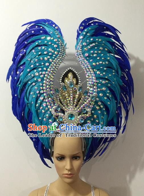 Top Grade Halloween Parade Hair Accessories Brazilian Rio Carnival Samba Dance Blue Feather Giant Headwear for Women