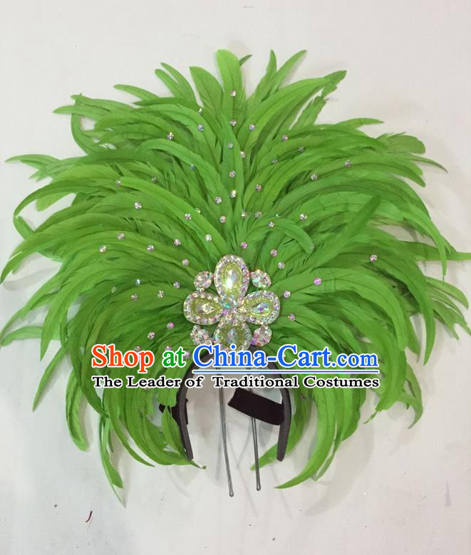 Top Grade Brazilian Rio Carnival Samba Dance Hair Accessories Giant Headpiece Headwear, Halloween Parade Big Light Green Feather Headdress for Women