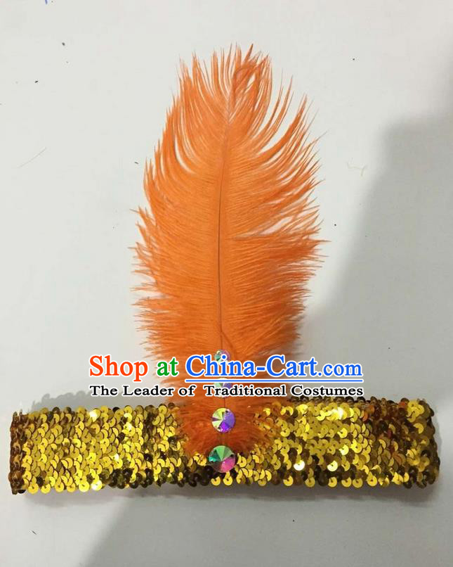 Top Grade Brazilian Rio Carnival Samba Dance Orange Feather Hair Accessories Headpiece, Halloween Parade Crystal Headwear for Women