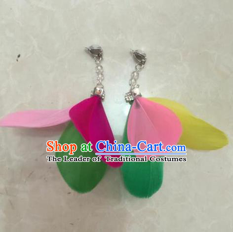 Top Grade Brazilian Rio Carnival Samba Dance Accessories Earrings, Halloween Parade Colorful Feather Eardrop for Women