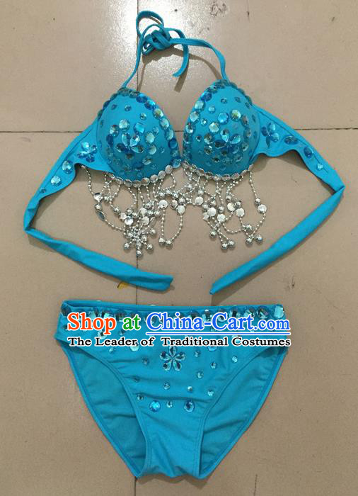 Top Grade Professional Performance Catwalks Costume Blue Swimsuit, Traditional Brazilian Rio Carnival Samba Belly Dance Bikini Clothing for Kids