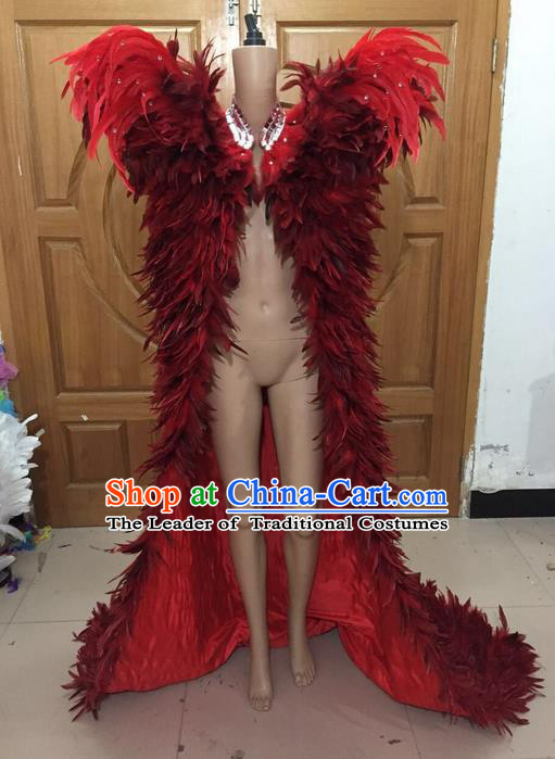 Top Grade Professional Performance Catwalks Costume Halloween Cape, Traditional Brazilian Rio Carnival Samba Belly Dance Red Feather Cloak for Women