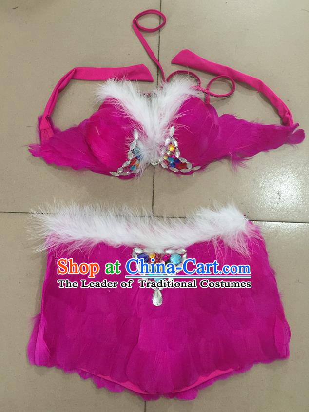 Top Grade Professional Performance Catwalks Costume Rosy Feather Bikini, Traditional Brazilian Rio Carnival Samba Dance Modern Fancywork Swimsuit for Women