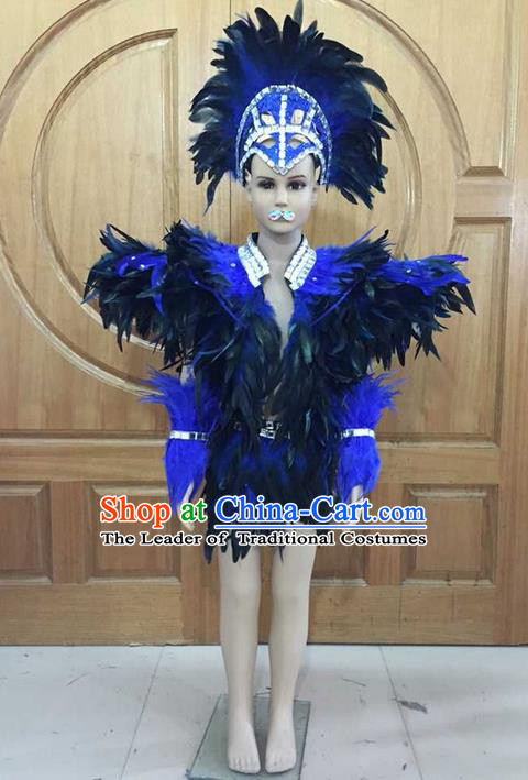 Top Grade Professional Performance Catwalks Costume Blue Feather Swimsuit, Traditional Brazilian Rio Carnival Samba Dance Modern Fancywork Clothing for Boys