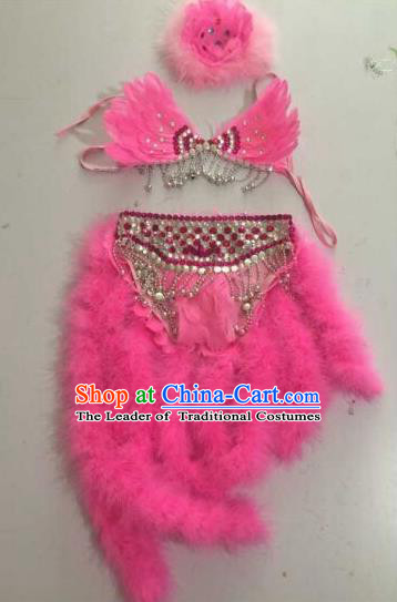 Top Grade Professional Performance Catwalks Swimsuit Pink Feather Costume, Traditional Brazilian Rio Carnival Samba Dance Modern Fancywork Bikini Clothing for Kids