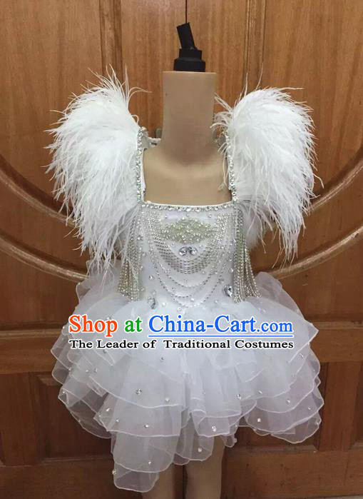 Top Grade Professional Performance Catwalks White Dress, Traditional Brazilian Rio Carnival Samba Dance Modern Fancywork Clothing for Kids