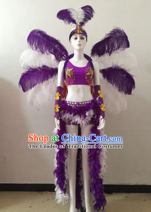 Top Grade Professional Performance Catwalks Purple Feather Bikini and Headwear Wings, Brazilian Rio Carnival Samba Opening Dance Swimsuit Clothing for Women