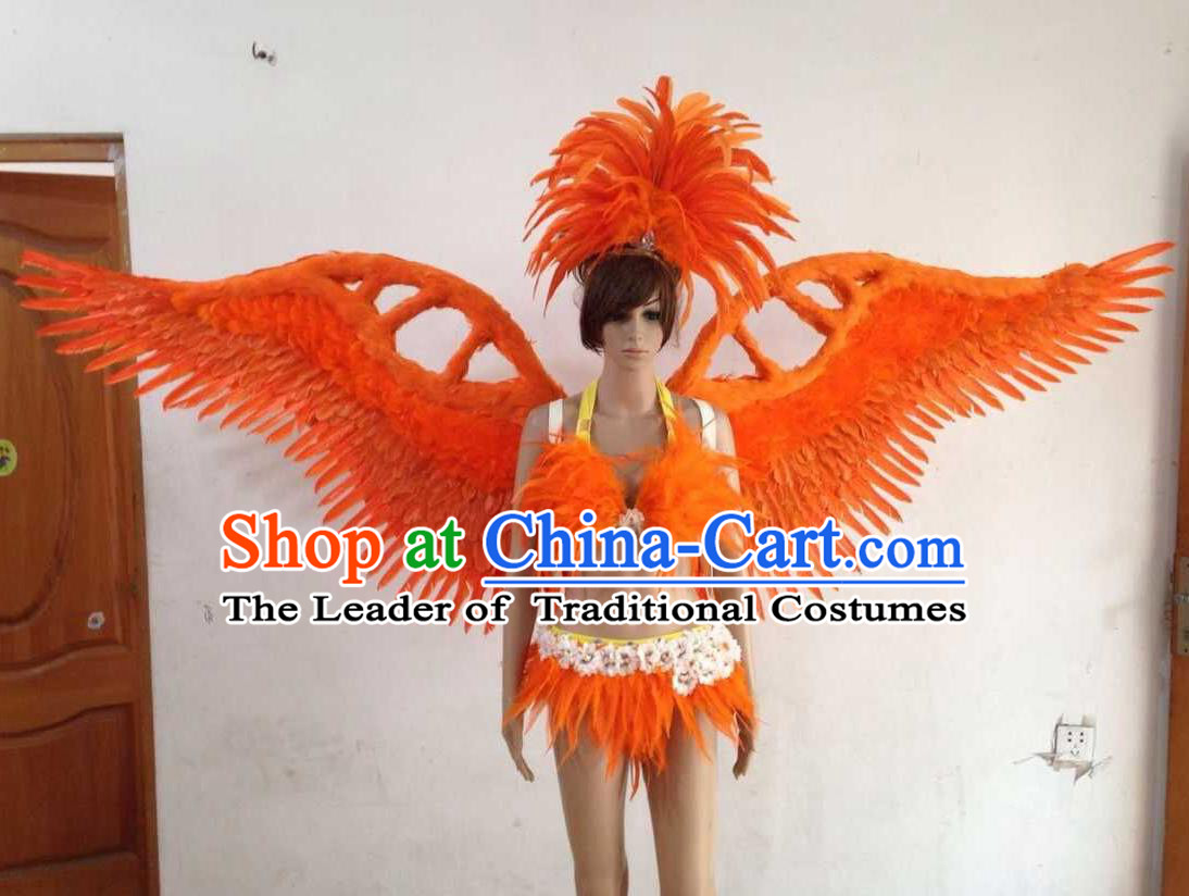 Top Grade Professional Performance Catwalks Orange Swimsuit, Brazilian Rio Carnival Parade Samba Opening Dance Bikini and Feather Wings for Women