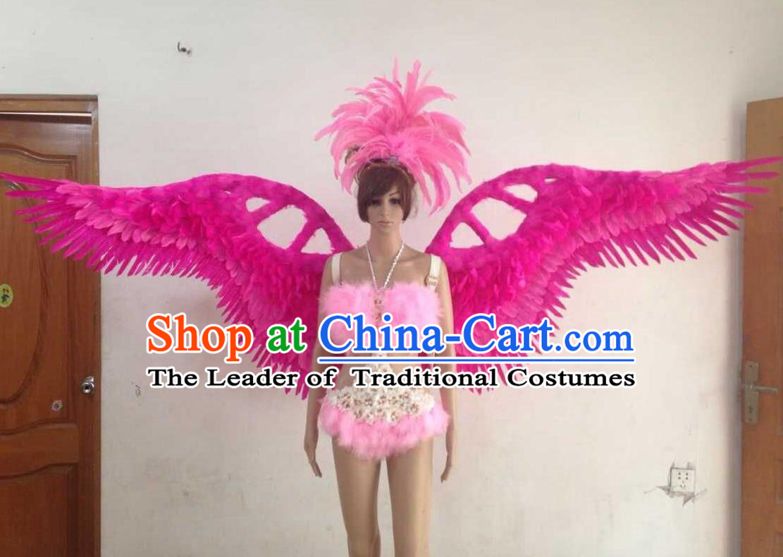 Top Grade Professional Performance Catwalks Rosy Swimsuit, Brazilian Rio Carnival Parade Samba Opening Dance Bikini and Feather Wings for Women