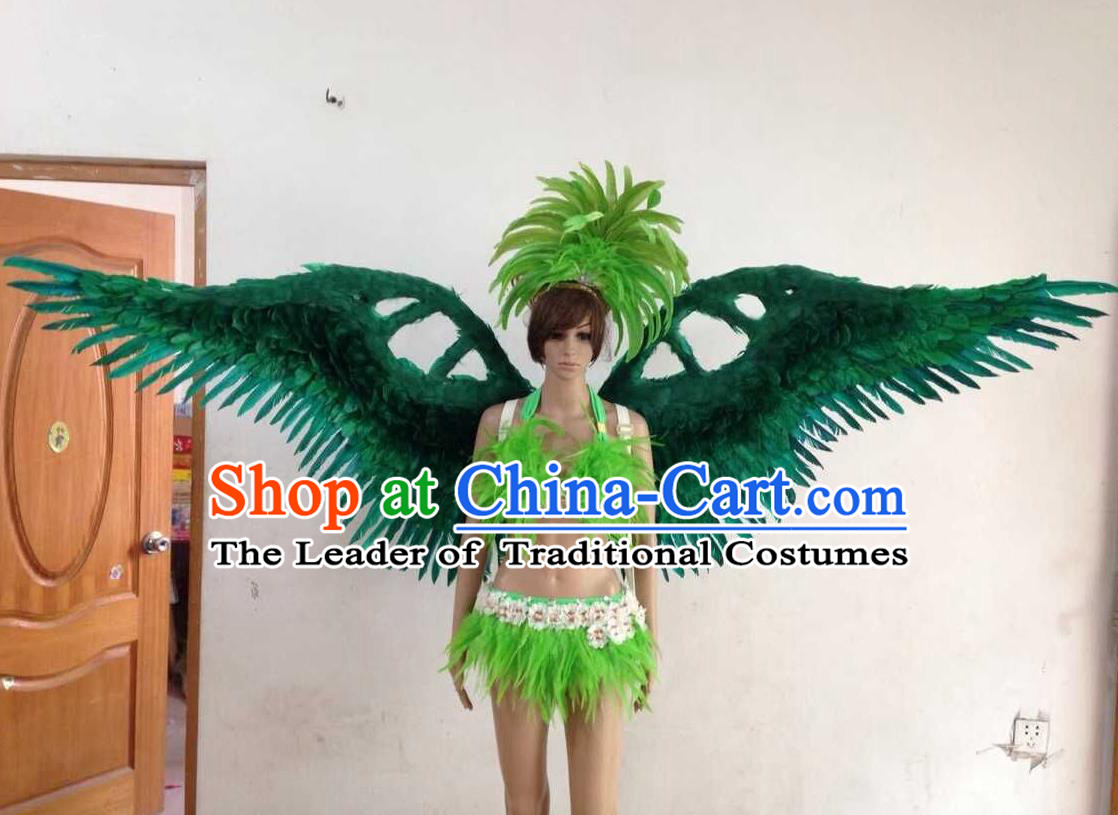 Top Grade Professional Performance Catwalks Green Swimsuit, Brazilian Rio Carnival Parade Samba Opening Dance Bikini and Feather Wings for Women