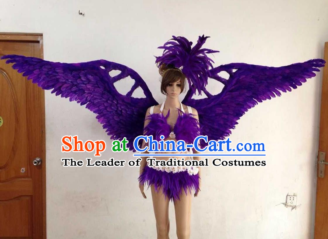 Top Grade Professional Performance Catwalks Purple Swimsuit, Brazilian Rio Carnival Parade Samba Opening Dance Bikini and Feather Wings for Women