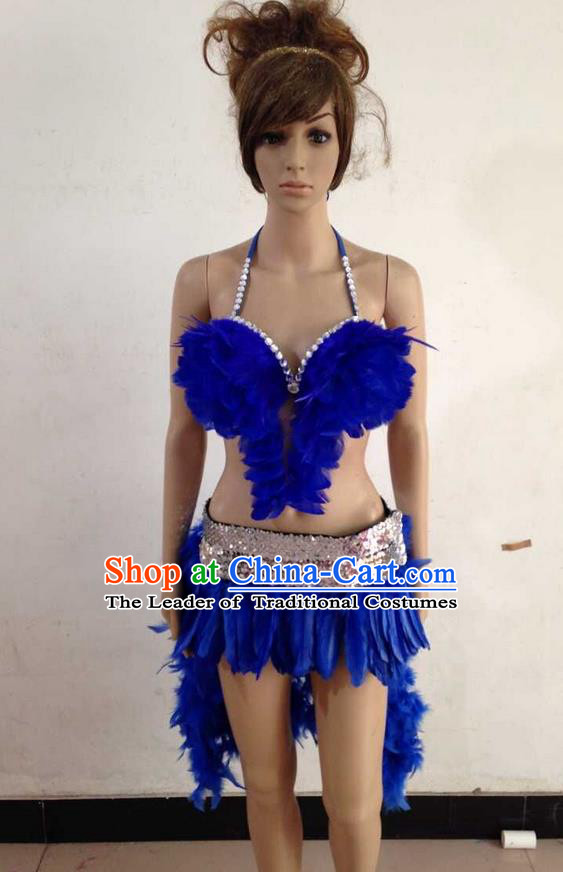 Top Grade Professional Performance Catwalks Royalblue Feather Swimsuit, Brazilian Rio Carnival Parade Samba Belly Dance Opening Dance Bikini for Women