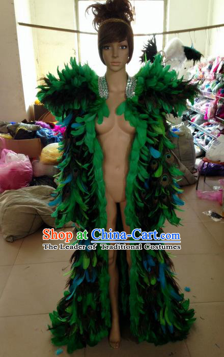 Top Grade Professional Performance Catwalks Feather Cape, Brazilian Rio Carnival Parade Samba Belly Dance Opening Dance Green Feather Cloak for Women