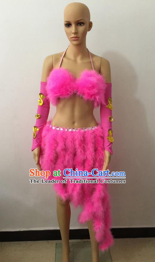 Top Grade Professional Performance Catwalks Costume Pink Swimsuit, Brazilian Rio Carnival Parade Samba Belly Dance Opening Dance Bikini for Women