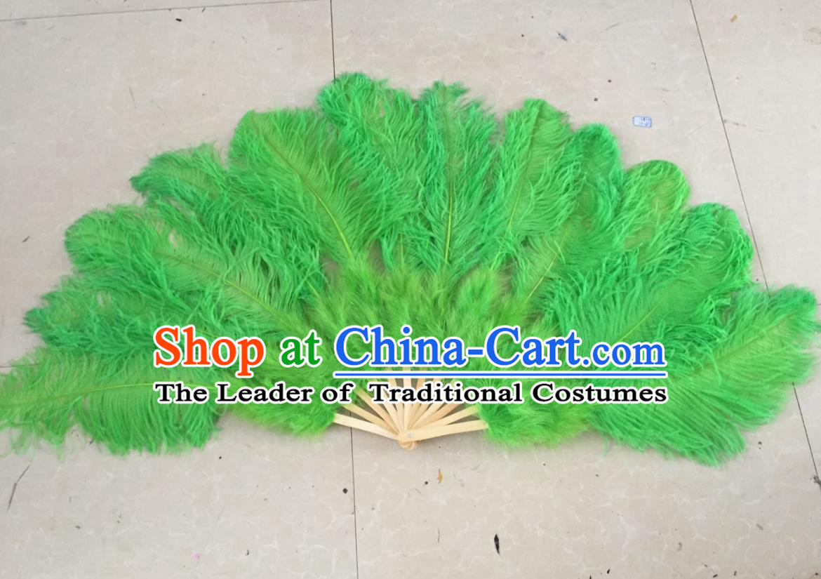 Top Grade Professional Performance Catwalks Green Feather Big Fans, Brazilian Rio Carnival Parade Samba Dance Folding Fans