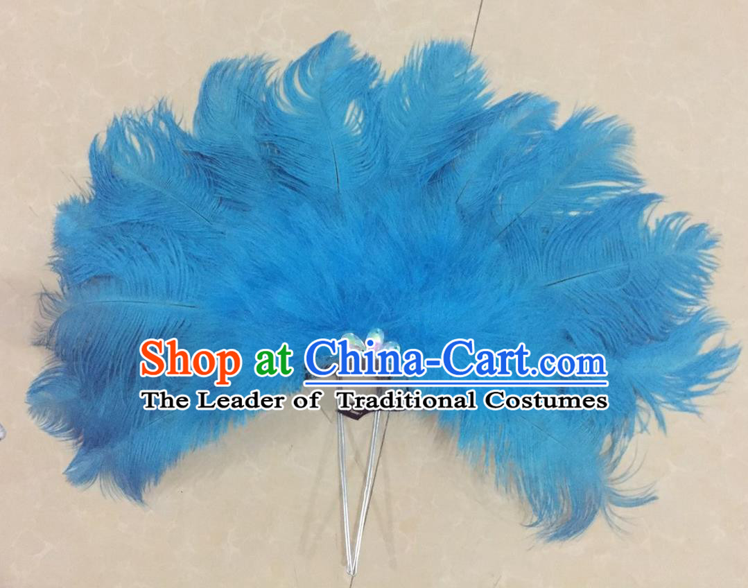 Top Grade Professional Performance Catwalks Blue Feathers Deluxe Hair Accessories, Brazilian Rio Carnival Parade Samba Dance Headdress for Women