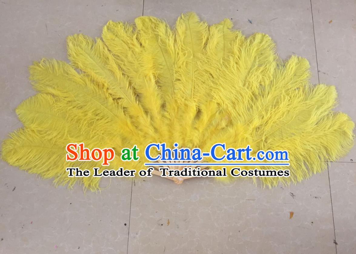 Top Grade Professional Performance Catwalks Yellow Feather Big Fans, Brazilian Rio Carnival Parade Samba Dance Folding Fans