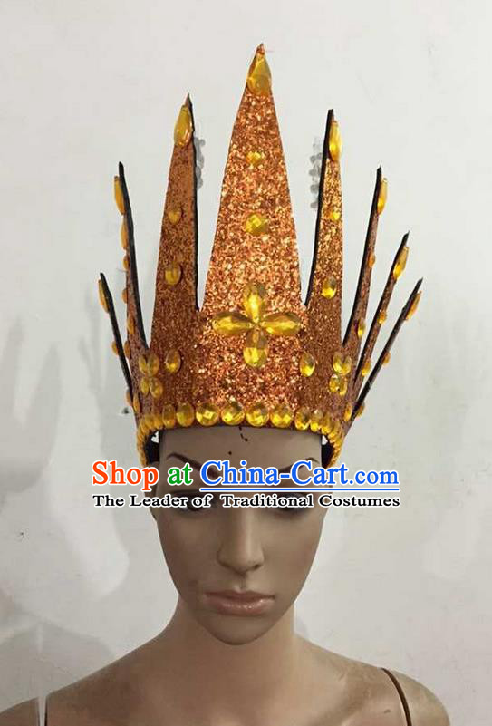 Top Grade Professional Performance Catwalks Hair Accessories, Brazilian Rio Carnival Parade Samba Dance Orange Crystal Crown Headwear for Women