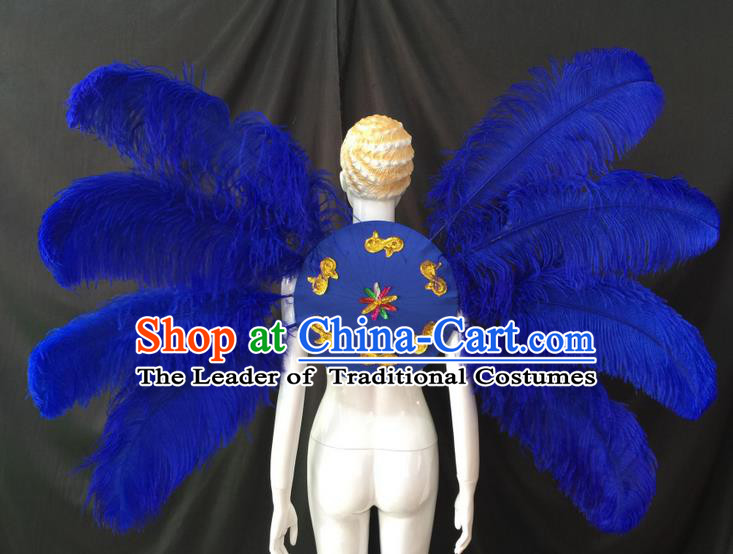 Top Grade Professional Performance Catwalks Royalblue Feathers Decorations Backplane, Brazilian Rio Carnival Parade Samba Dance Wings for Women