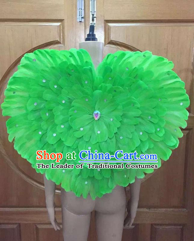 Top Grade Professional Performance Catwalks Green Feathers Decorations Heart-shaped Backplane, Brazilian Rio Carnival Parade Samba Dance Props for Women