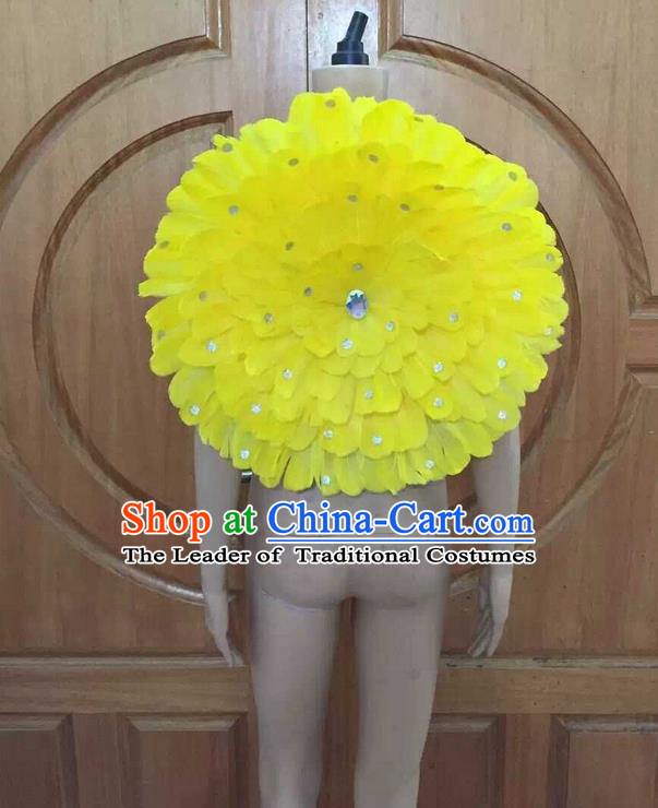 Top Grade Professional Performance Catwalks Yellow Feathers Decorations Round Backplane, Brazilian Rio Carnival Parade Samba Dance Props for Women