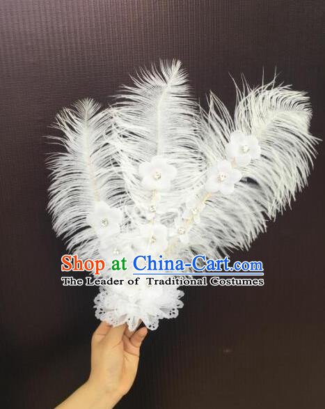 Top Grade Professional Performance Catwalks White Feathers Head Decorations Headwear, Brazilian Rio Carnival Parade Samba Dance Hair Accessories for Women