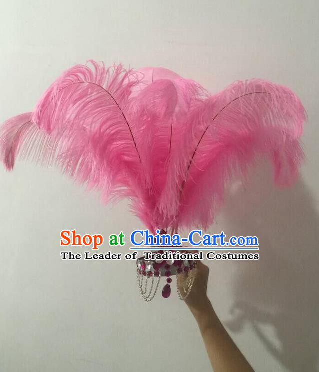 Top Grade Professional Performance Catwalks Halloween Pink Feathers Head Decorations Headpiece, Brazilian Rio Carnival Parade Samba Dance Headwear for Women