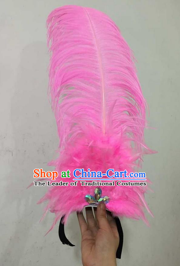 Top Grade Professional Performance Catwalks Halloween Pink Feathers Head Decorations Headpiece, Brazilian Rio Carnival Parade Samba Dance Headwear for Women