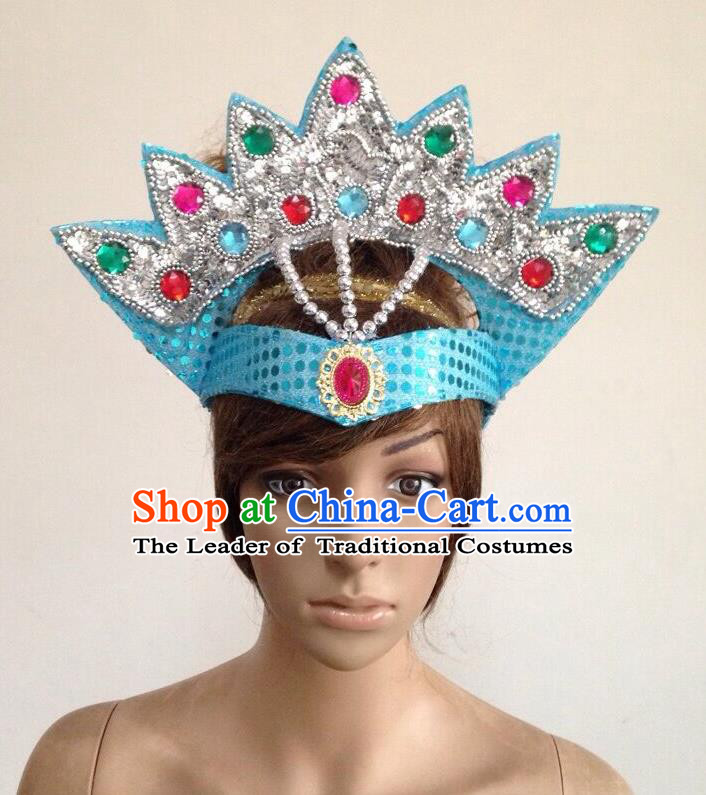 Top Grade Professional Performance Catwalks Blue Crystal Crown Decorations Hair Accessories, Brazilian Rio Carnival Parade Samba Dance Headpiece for Women