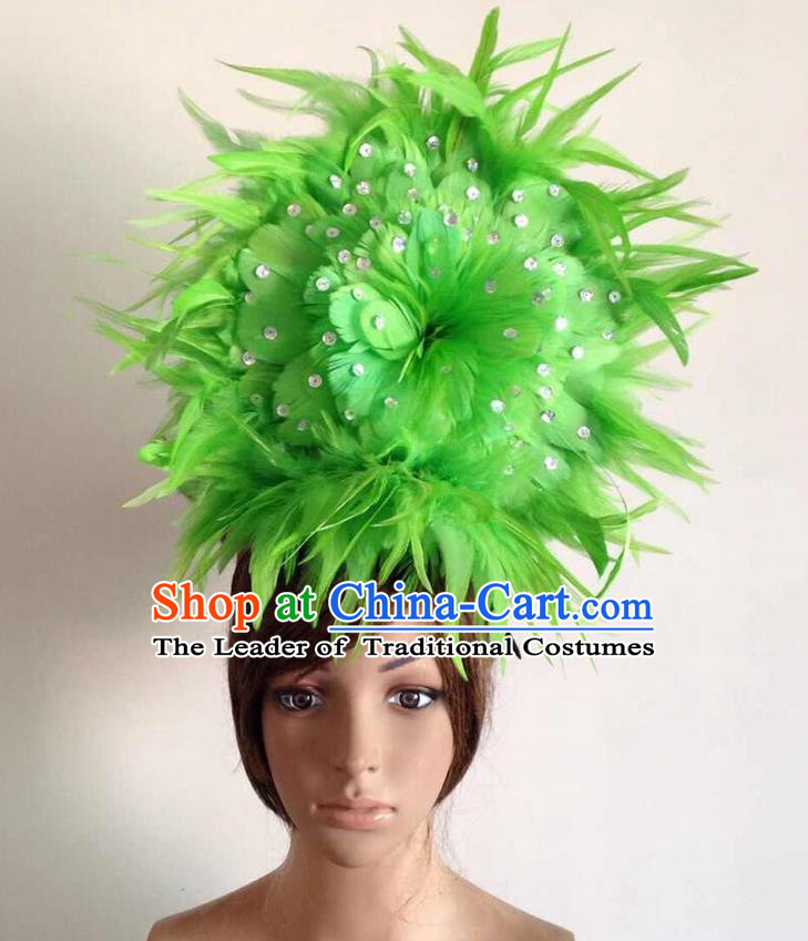 Top Grade Professional Performance Catwalks Green Feather Hair Accessories, Brazilian Rio Carnival Parade Samba Dance Headpiece for Women