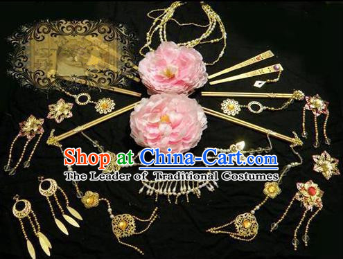 Top Grade Traditional China Ancient Cosplay Hair Accessories and Necklace Earrings, China Ancient Wedding Bride Princess Headpiece Headwear Hairpins Complete Set for Women