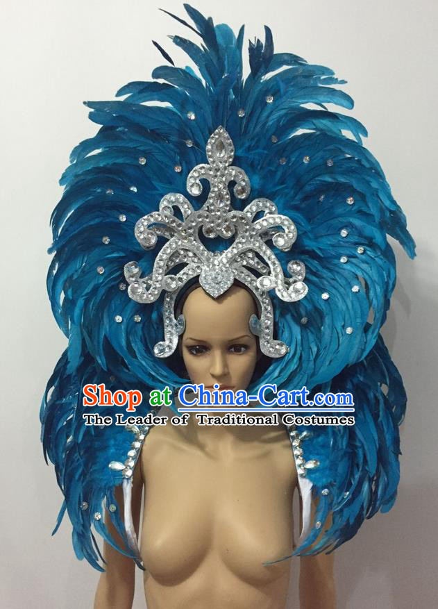 Top Grade Professional Performance Catwalks Opening Dance Blue Feather Big Hair Accessories, Brazilian Rio Carnival Parade Samba Dance Headpiece for Women