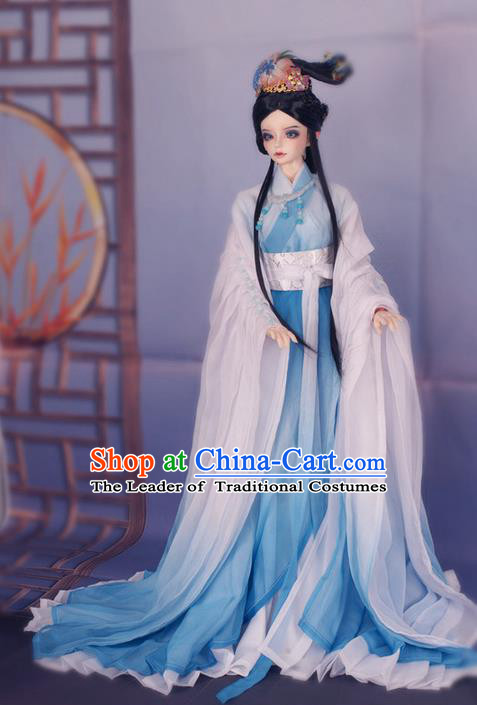 Top Grade Traditional China Ancient Female Fairy Costumes Complete Set, China Ancient Cosplay Tang Dynasty Princess Blue Dress Hanfu Clothing for Adults and Kids