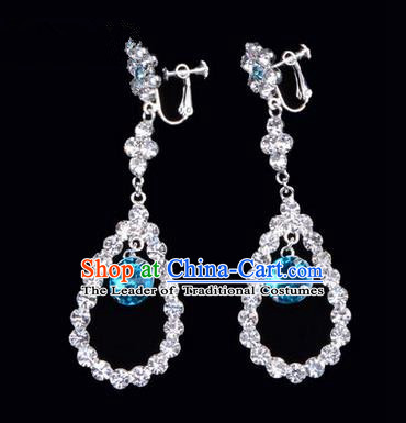 Chinese Ancient Peking Opera Head Accessories Young Lady Diva Colorful Crystal Blue Water Drop Earrings, Traditional Chinese Beijing Opera Hua Tan Ear Pendants