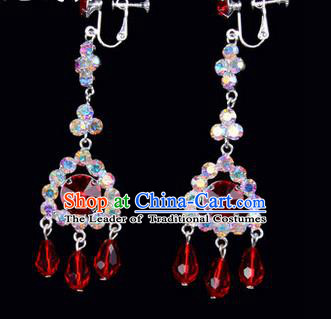 Chinese Ancient Peking Opera Head Accessories Young Lady Diva Colorful Crystal Red Tassel Earrings, Traditional Chinese Beijing Opera Hua Tan Ear Pendants