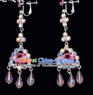 Chinese Ancient Peking Opera Head Accessories Young Lady Diva Colorful Crystal Pink Tassel Earrings, Traditional Chinese Beijing Opera Hua Tan Ear Pendants