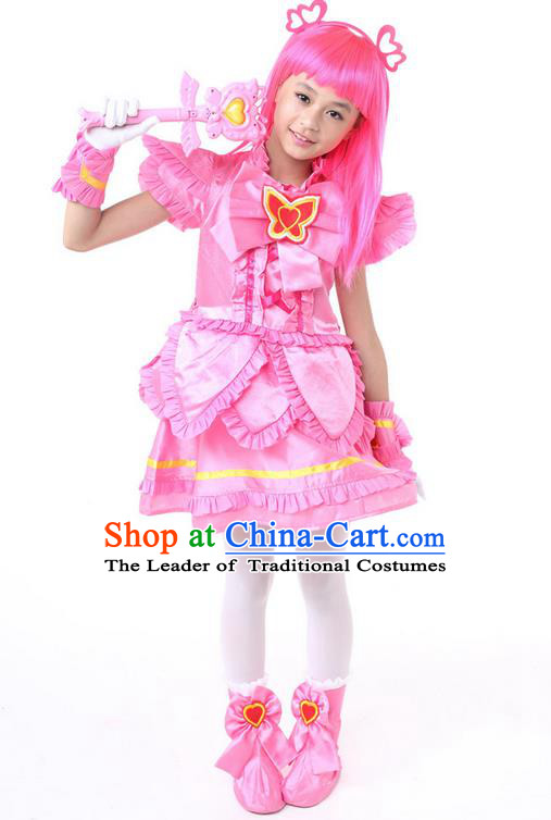 Top Grade Chinese Professional Halloween Performance Little Fairy Costume Complete Set, Children Cosplay Princess Pink Bubble Dress for Kids