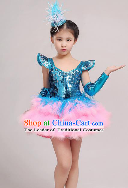 Top Grade Chinese Professional Performance Jazz Dance Costume, Children Modern Dance Feather Blue Bubble Dress for Kids