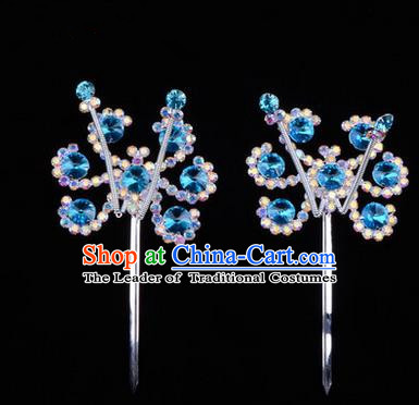 Chinese Ancient Peking Opera Head Accessories Young Lady Diva Colorful Crystal Headwear Sunflower Blue Hairpins, Traditional Chinese Beijing Opera Hua Tan Head-ornaments